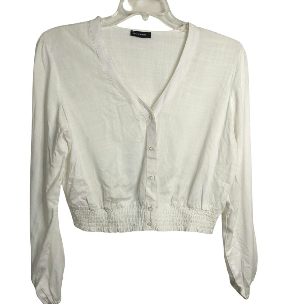 5126)Tally Weijl White Cropped Button Down Deep V Long Sleeve Relaxed Blouse XL